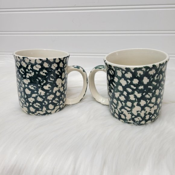 (2) Tienshan Folk Craft Moose Country Coffee Cups Mugs Green White Sponge - Picture 3 of 5